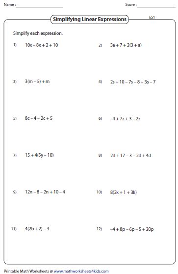 Simplifying Linear Expressions Worksheets Subtracting Linear Expressions Worksheet - Subtracting Linear Expressions Worksheet