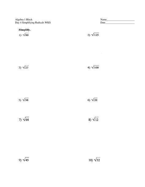 Simplifying Radicals Practice