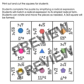 Simplifying Radicals Puzzle Most