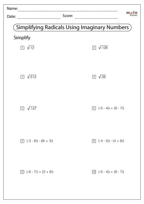 simplifying radicals worksheet algebra 1