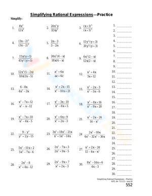 simplifying rational expressions practice problems answer key