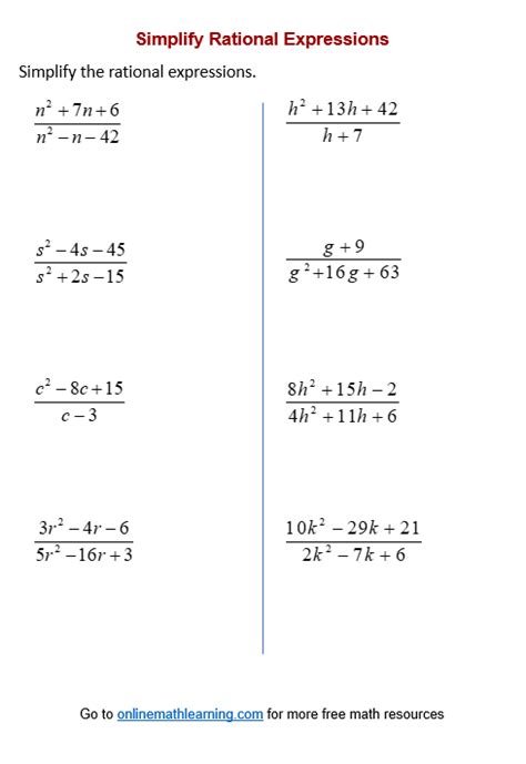 Simplifying Rational Expressions Worksheet