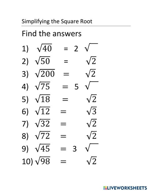 Simplifying Square Roots Worksheet