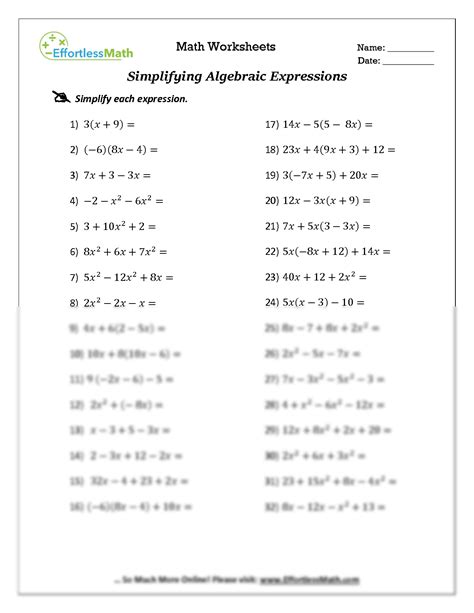 Simplifying Variable Expressions Worksheet   Simplifying Algebraic Expression Worksheets - Simplifying Variable Expressions Worksheet