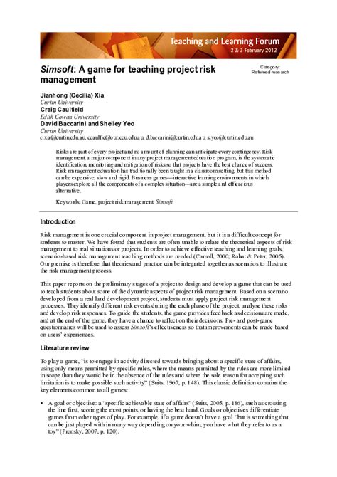 Simsoft A Game For Teaching Project Risk Management