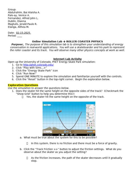Simulation Lab Roller Coaster Physics Answers