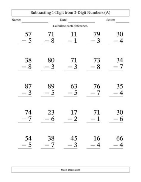 Single Digit Subtraction Worksheets Easy Teacher Worksheets Subtracting One Digit Numbers - Subtracting One Digit Numbers