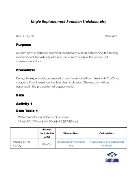 Single Replacement Reaction Lab Report