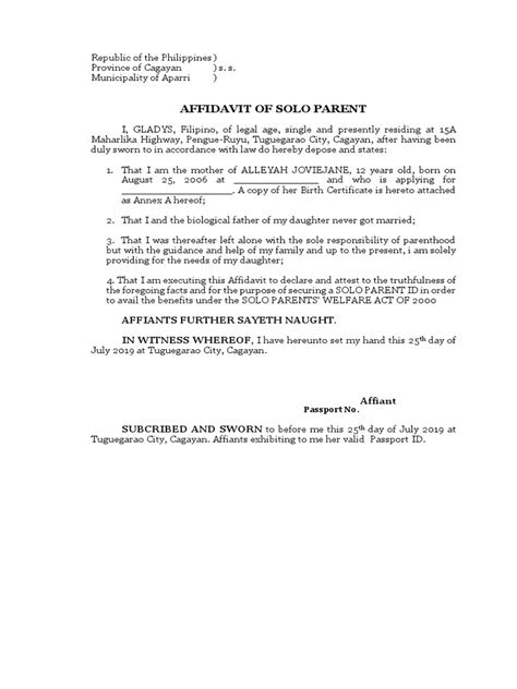 Full Download Single Parent Affidavit Format 