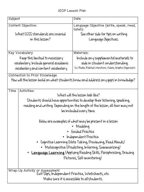siop lesson plans language arts second grade