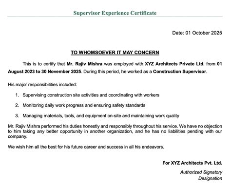 Site Supervisor Work Experience Certificate Sample Format