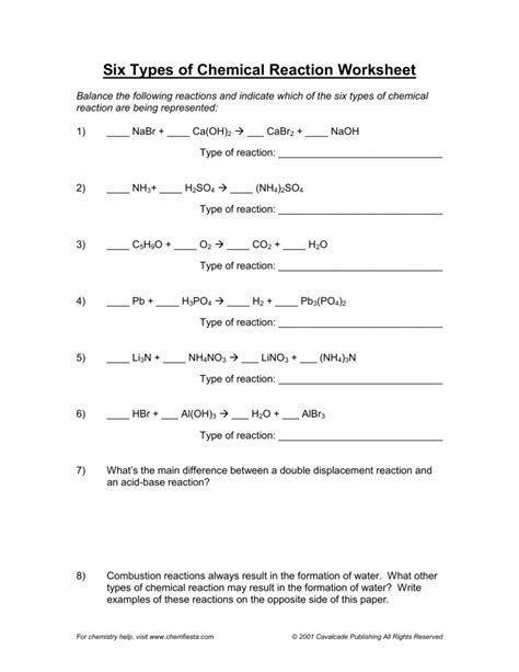 Six Types Of Chemical Reaction Worksheet Type Of Chemical Reactions Worksheet Answers - Type Of Chemical Reactions Worksheet Answers
