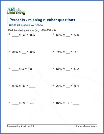 Sixth Grade Grade 6 Percents Questions For Tests Percent Worksheet Grade 6 - Percent Worksheet Grade 6