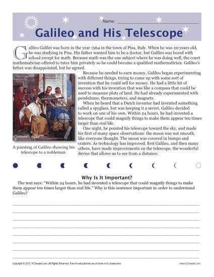 Sixth Grade Reading Comprehension Worksheet Galileo And His 8th Grade Telescope Worksheet - 8th Grade Telescope Worksheet