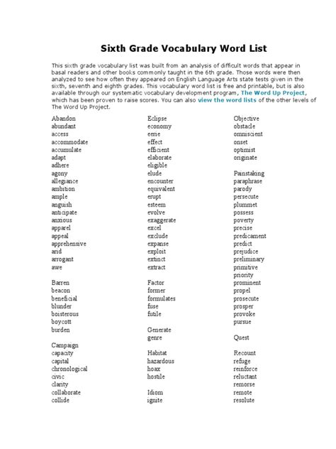 Sixth Grade Vocabulary Word List Sentence Stack 6th Grade Vocabulary Word Lists - 6th Grade Vocabulary Word Lists