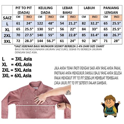 Size Chart Baju  Ukuran Baju Lelaki Dewasa Size Guide Petunjuk Size - Size Chart Baju