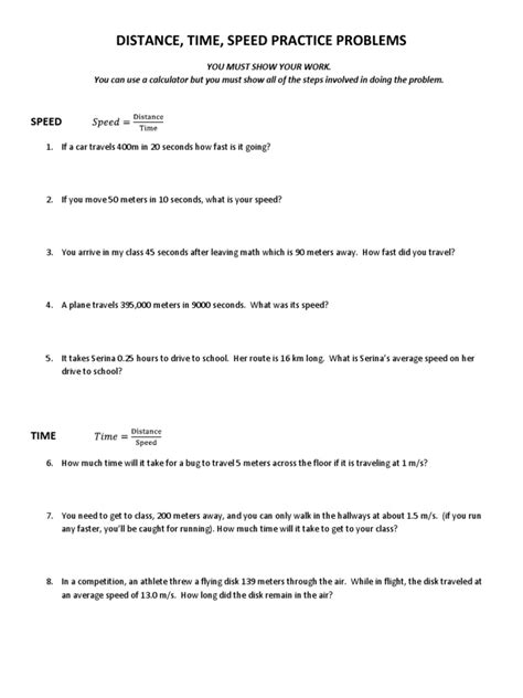 Skill Sheet 1 Speed Problems Answers