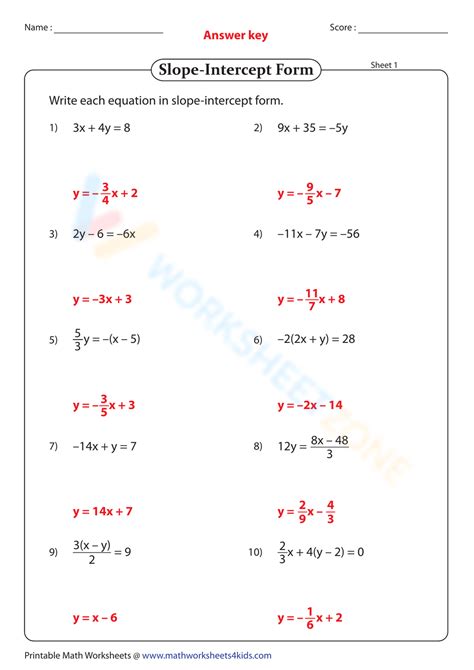 Slope Intercept Form Worksheet Answer Key