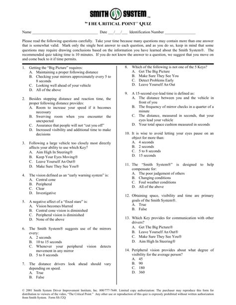 Smith System Forward Motion Quiz Answers