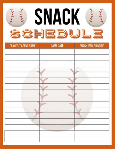 snack schedule for baseball template