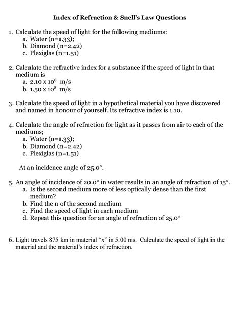 Snells Law Worksheet And Answers Studocu Snells Law Worksheet Answers - Snells Law Worksheet Answers