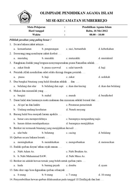 SOAL OLIMPIADE PAI SD：40 Soal UAS/PAS PAI Kelas 4 Semester 1 Kurikulum Merdeka dan 