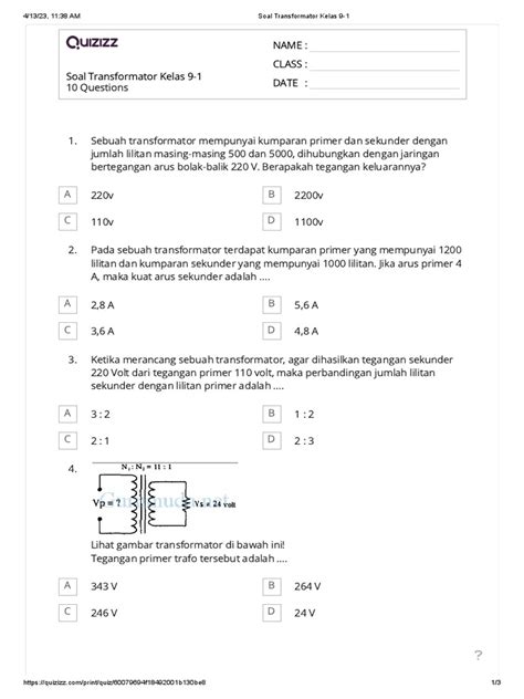 soal transformator kelas 9 | Soal Transformator Kelas 92 PDF Scribd