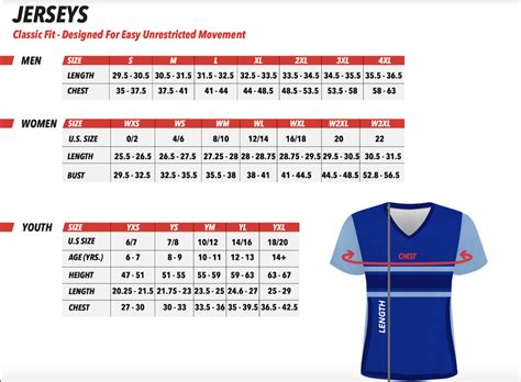 Soccer Jersey Sizing Chart