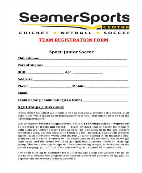 Soccer Team Registration Sample Forms