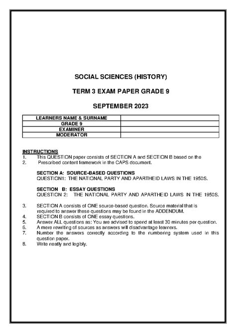 Social Sciences Grade 9 Question Paper