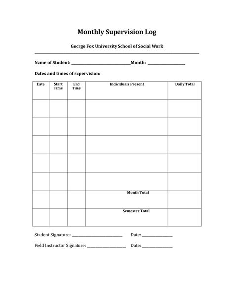 social work supervision log template