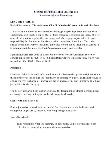 Society Of Professional Journalists Code Of Ethics