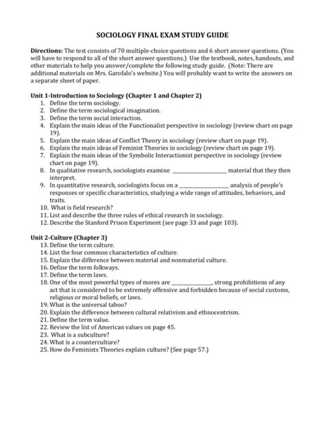 Sociology Exam Study Guide