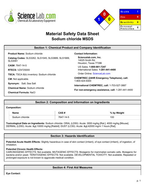 Sodium Chloride Msds Sheet