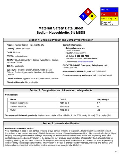 Sodium Hypochlorite Solution Msds