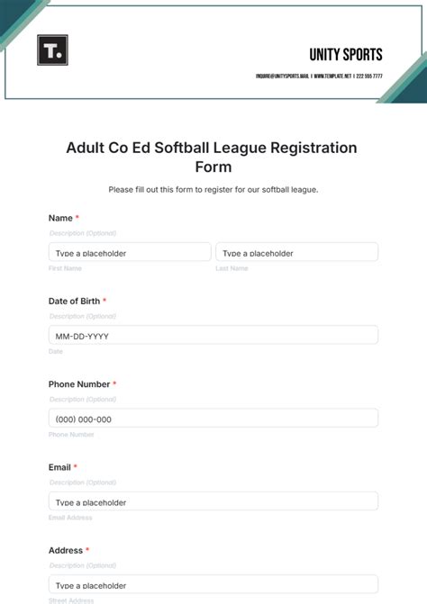 Softball Team Registration Form Template