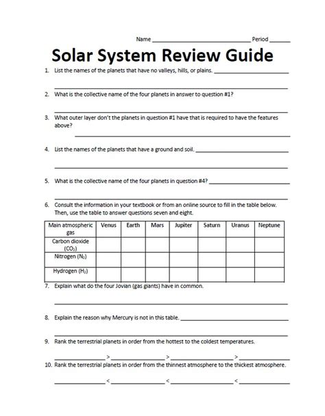 Solar System Review Sheet