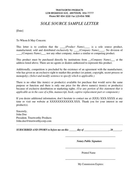 Sole Source Provider Letter Template