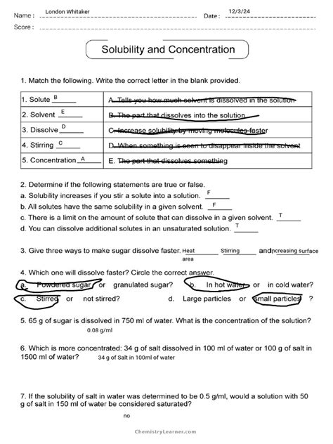solubility and concentration answer key