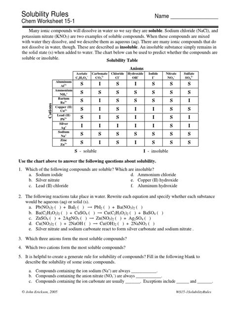 Solubility Rules Chem Worksheet 15 1 Answers