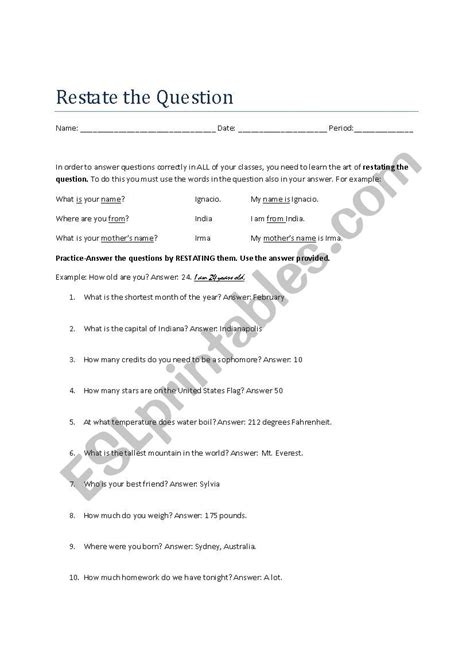 Solution English Worksheet Studypool Restating The Question Practice Worksheet - Restating The Question Practice Worksheet