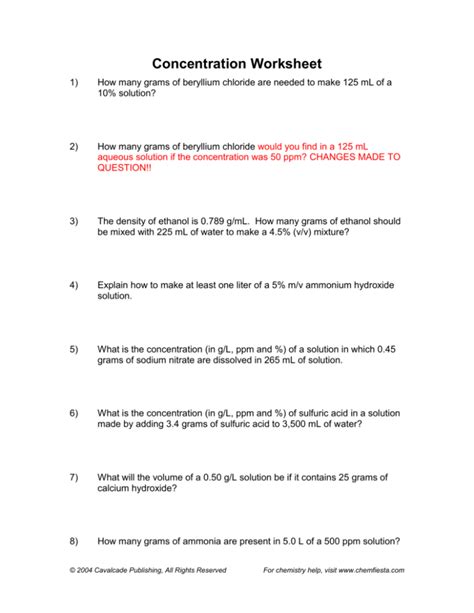 Solutions And Concentration The Cavalcade Ou0027 Chemistry Concentrations And Dilutions Worksheet - Concentrations And Dilutions Worksheet