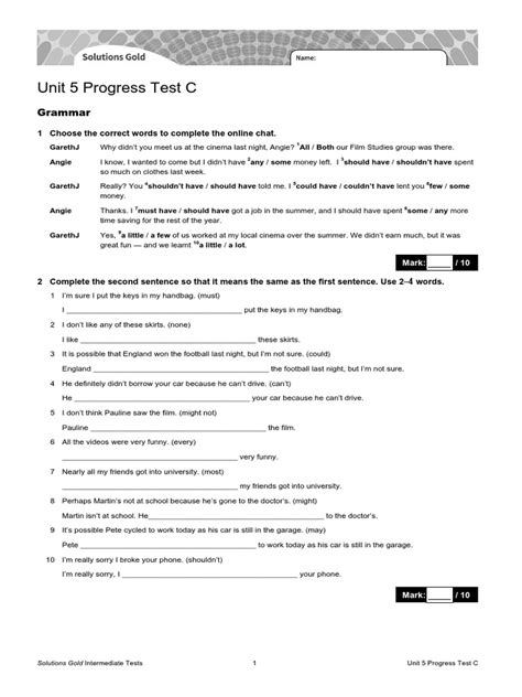 Solutions Intermediate Unit 5 Progress Tests