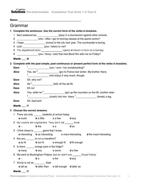 Read Solutions Pre Intermediate 2Nd Edition Cumulative Test 