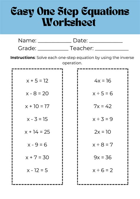 Solve One Step Equations Worksheet