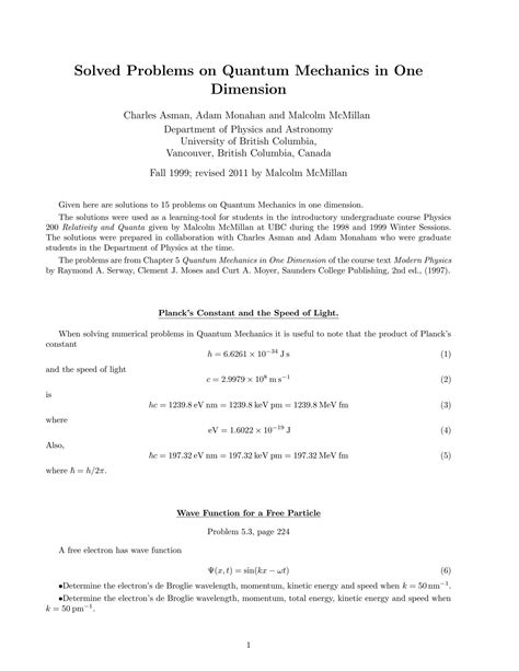 Read Online Solved Problems On Quantum Mechanics In One Dimension 