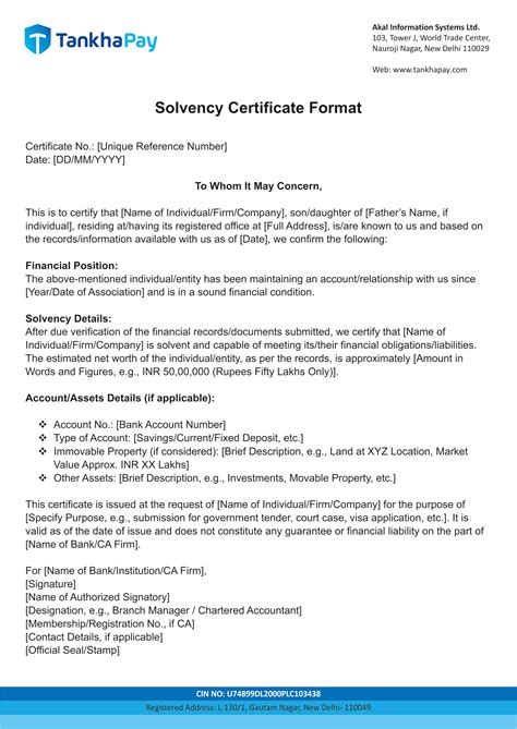 Solvency Certificate Format