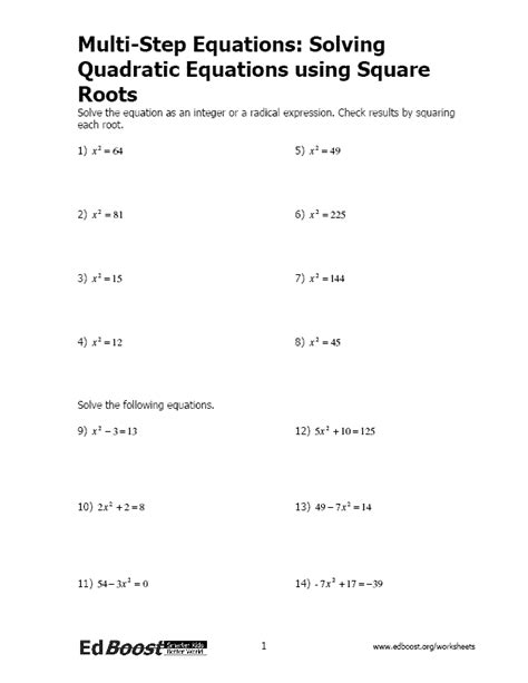 Solving Equations Using Square Roots Worksheet   Algebra 1 Quadratic Functions Worksheets Solve By Taking - Solving Equations Using Square Roots Worksheet