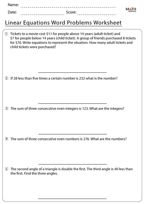 Solving Linear Equations Word Problems Worksheet