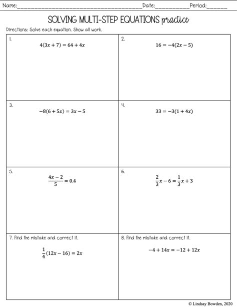 solving multi step equations worksheet pdf Equations solving variables